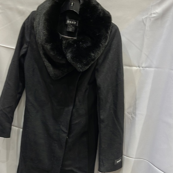 BNWT DKNY Full Length Fur collar Black wool Coat XXS - Picture 7 of 11